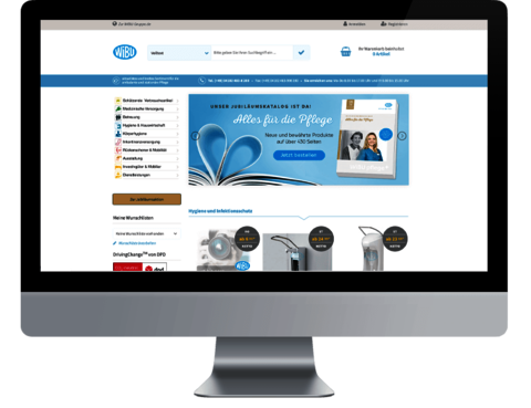 WIBU Gruppe - Realisierung von zwei aufeinander aufbauenden Shops auf Basis von Magento Montage: Frontalansicht Monitor mit geöffnetem Online-Shop
