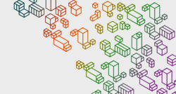 atlantis dx - Shopware Hosting Grafik: Container aus bunten Linien auf hellgrauem Hintergrund