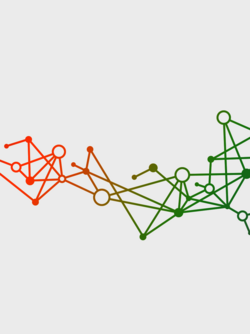 Grafik: bunte, sich überkreuzende Linien, die mit Punkten verbunden sind auf hellgrauem Hintergrund