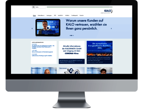 KALO Group - Relaunch of all corporate websites of the KALO Group with TYPO3 Mounting: Front view of monitor with website open