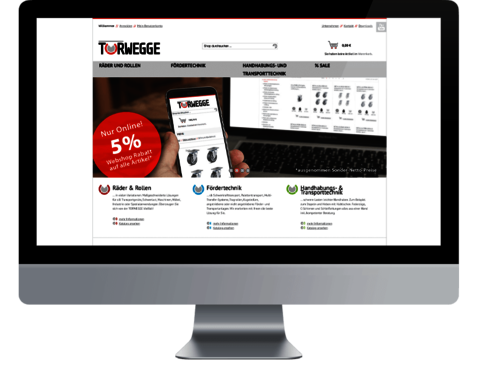 TORWEGGE - Kompletter Relaunch des Magento B2B Webshops Montage: Frontalansicht Monitor mit geöffnetem Online-Shop