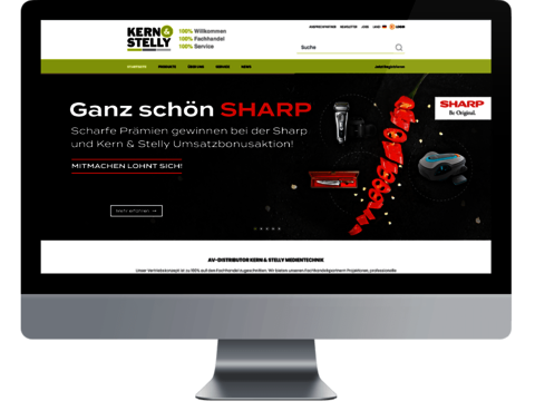 Kern & Stelly Medientechnik GmbH - Development of a B2B online store based on Magento Mounting: Front view of monitor with open online store