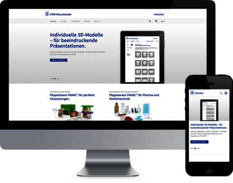 Pöppelmann GmbH & Co. KG - Relaunch of the corporate website based on TYPO3 Installation: Front view of monitor and cell phone with website open