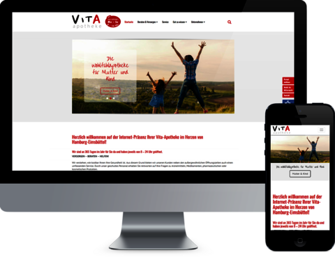 Vita-Apotheke - Relaunch of the website with TYPO3 Installation: Front view of monitor and cell phone with website open