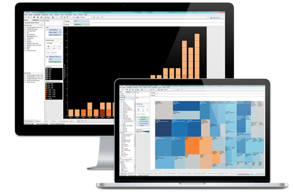 Collage: Screenshots von Tableau Dashboards auf einem Monitor und einem Laptop, Frontansicht