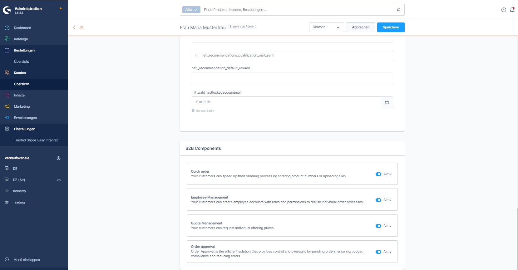 Screenshot aus dem Shopware Backend mit ausgewählten B2B-Komponenten