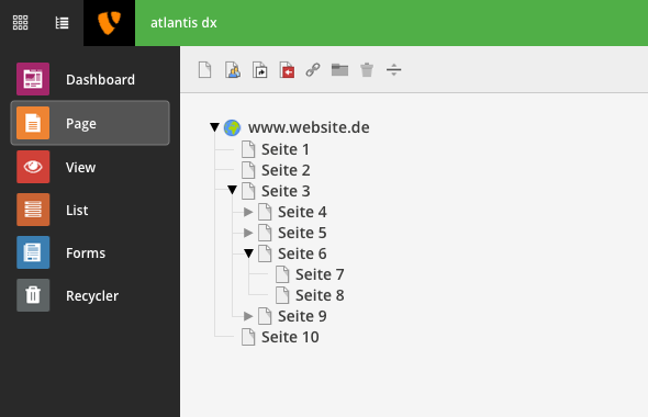 Screenshot vom hierarchischem Seitenbaum einer Website im TYPO3 Backend