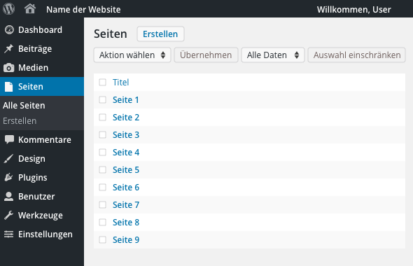 Screenshot einer Auflistung der Unterseiten einer Website im WordPress Backend