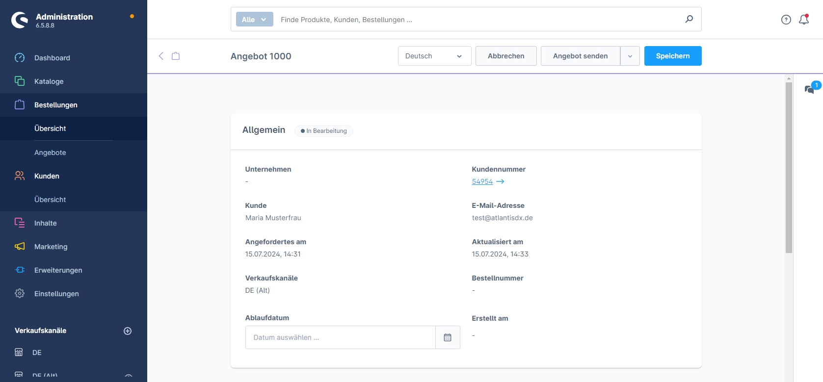 Screenshot aus dem Shopware Backend mit Anfragedetails
