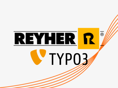 atlantis dx - REYHER Case Study Logos von REYHER und TYPO3 mit orangen Streifen im Hintergrund