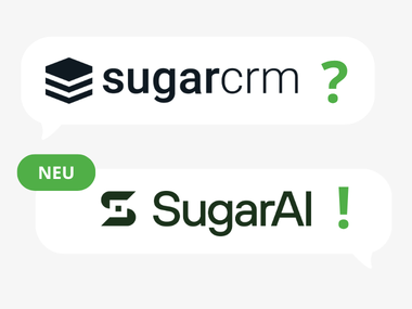 atlantis dx - SugarAI Rebranding 2026 Bild: Altes SugarCRM und neues SugarAI Logo auf hellem Hintergrund in Sprechblasen
