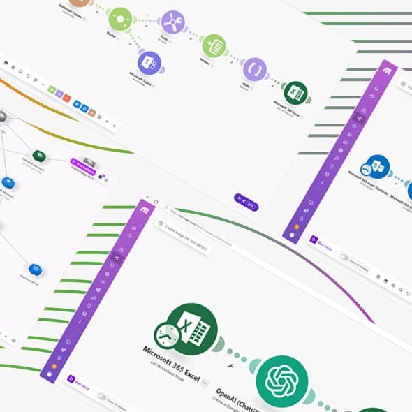 atlantis dx - Provendor Referenz Automatisierung mit Make Grafik mit verschiedenen Screens diagonal angeordnet mit Make Workflows