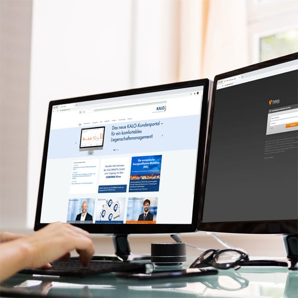 KALO Group - Relaunch of all corporate websites of the KALO Group with TYPO3 Two monitors side by side with open website and TYPO3 login mask