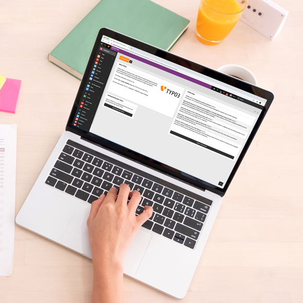 NextPharma - Relaunch of the company website based on TYPO3 Laptop view from above with TYPO3 dashboard open