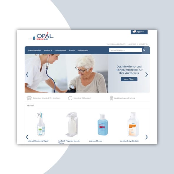 OPAL Service GmbH - Development of a Shopware online store Screenshot of an online store on a blue and white background