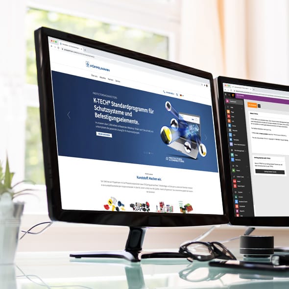 Pöppelmann GmbH & Co. KG - Relaunch of the corporate website based on TYPO3 Photo: Two monitors side by side with websites open
