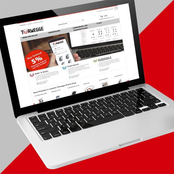 TORWEGGE - Complete relaunch of the Magento B2B webshop Frontal view of monitor with open online store on gray-red background