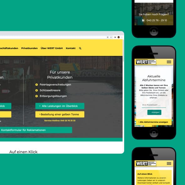 WERT Wertstoff-Einsammlung GmbH - Relaunch of the company website Graphic: Screenshot of a website, next to it a cell phone with an open website, green background